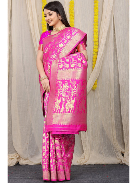 

Anaita Pink & Gold-Toned Woven Design Zari Pure Silk Banarasi Saree