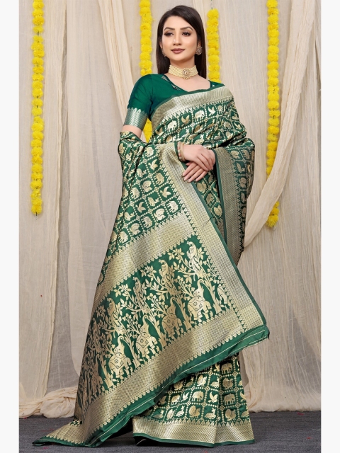 

Anaita Green & Gold-Toned Woven Design Zari Pure Silk Banarasi Saree