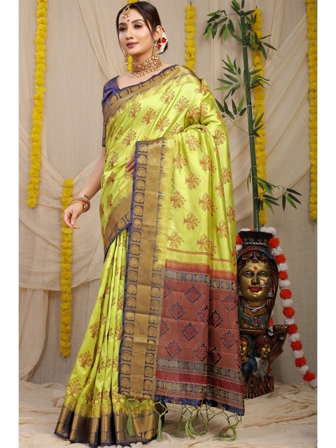 Anaita Green & Navy Blue Ethnic Motifs Zari Pure Silk Banarasi Saree