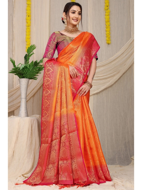 

Anaita Orange & Pink Ethnic Motifs Zari Pure Silk Banarasi Saree