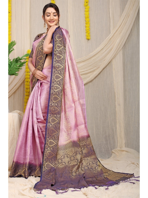 

Anaita Purple & Gold-Toned Woven Design Zari Pure Silk Banarasi Saree