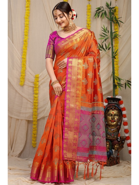 

Anaita Orange & Pink Floral Zari Pure Silk Banarasi Saree