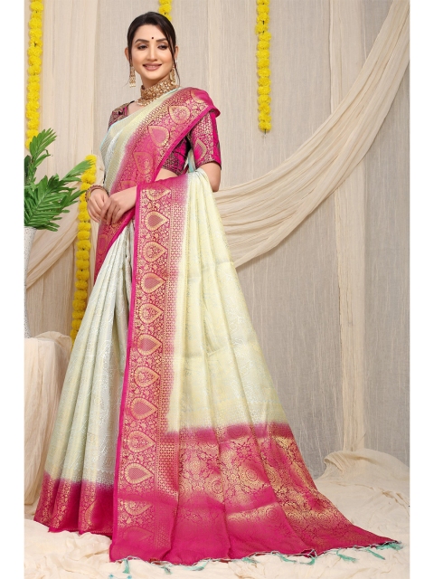 

Anaita Cream-Coloured & Red Ethnic Motifs Zari Pure Silk Banarasi Saree