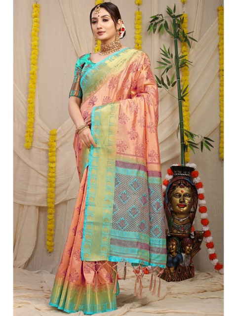 

Anaita Peach-Coloured & Blue Woven Design Zari Pure Silk Banarasi Saree