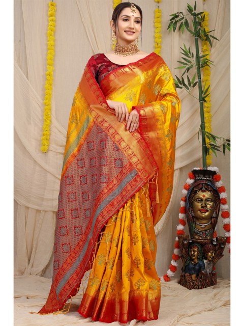 

Anaita Women Yellow & Red Woven Design Zari Pure Silk Banarasi Saree