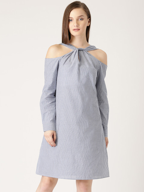 

Marie Claire Women Blue & White Striped Cold Shoulder A-Line Dress