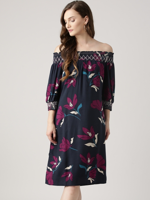 

Marie Claire Women Navy Floral Print Off-Shoulder A-Line Dress, Navy blue