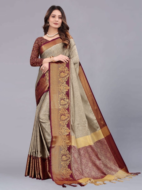 

M M Venture Beige & Brown Woven Design Zari Silk Cotton Dharmavaram Saree