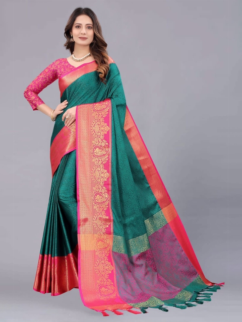 

M M Venture Green & Pink Ethnic Motifs Zari Pure Cotton Dharmavaram Saree