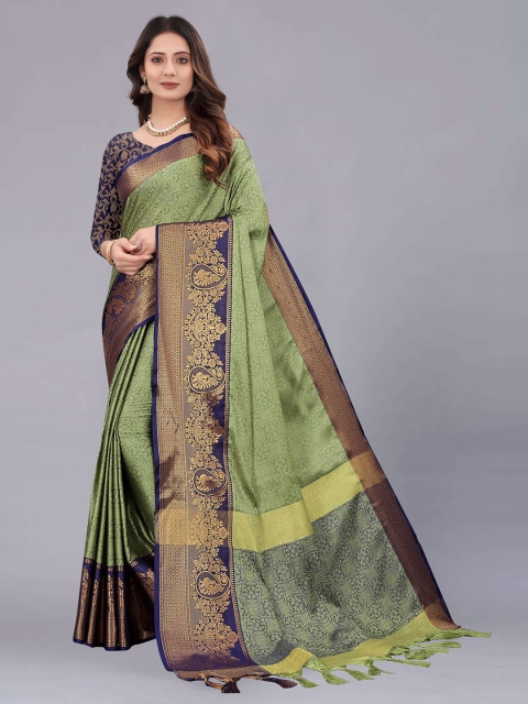 

M M Venture Lime Green & Navy Blue Ethnic Motifs Zari Pure Cotton Dharmavaram Saree