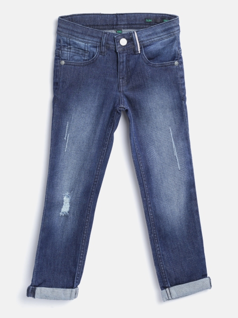 

United Colors of Benetton Boys Navy Slim Fit Mid-Rise Low Distress Stretchable Jeans, Navy blue
