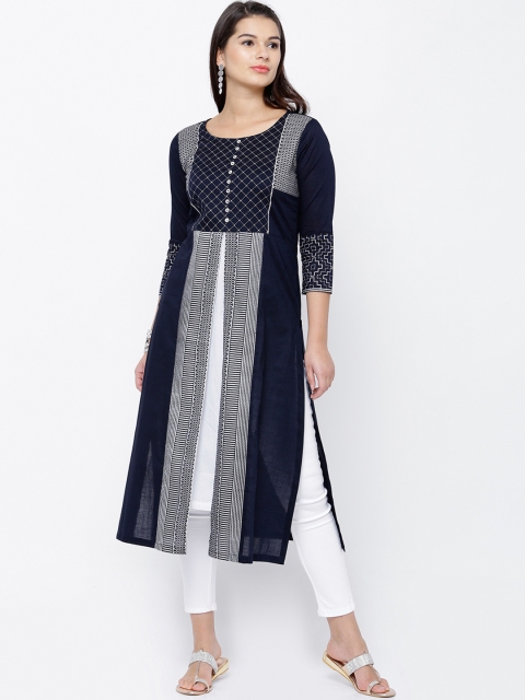

Vishudh Women Navy Blue & White Printed Straight Kurta