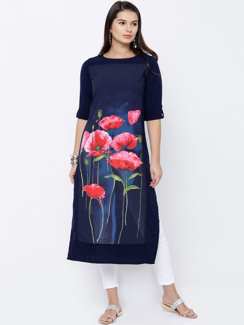

Vishudh Women Navy Blue & Pink Printed Straight Kurta