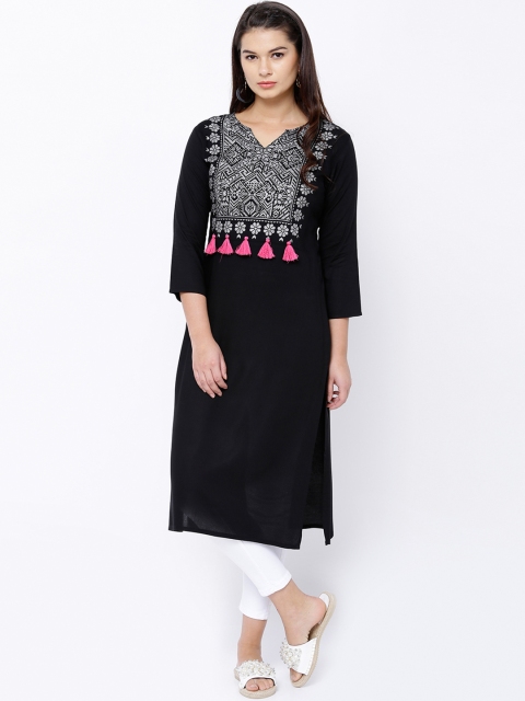 

Vishudh Women Black Printed Straight Kurta