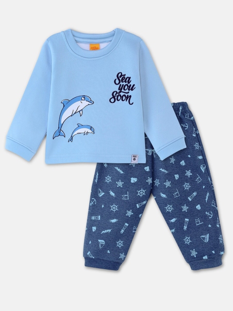 

Cuddles for Cubs Unisex Kids Blue Printed T-shirt with Pyjamas
