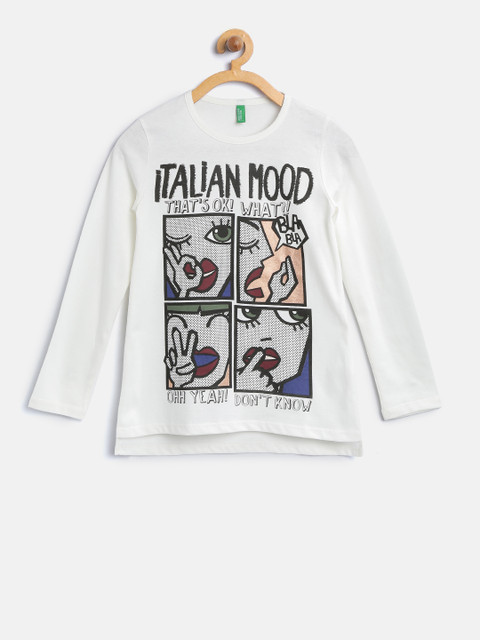 

United Colors of Benetton Girls Off-White Printed Round Neck T-shirt