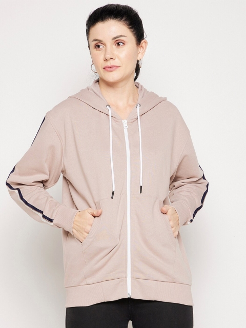 

EDRIO Women Beige Typography Printed Hooded Cotton Sweatshirt
