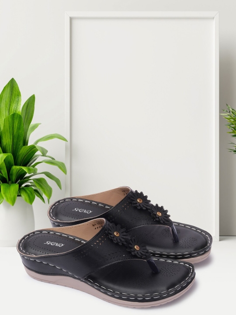 

RINDAS Black Wedge Sandals with Laser Cuts