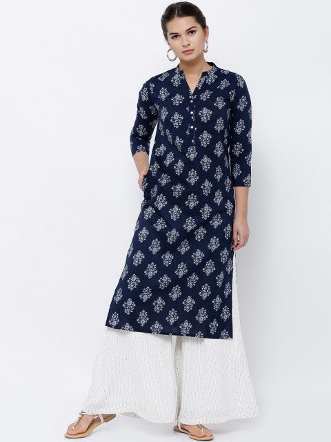 

Vishudh Women Navy & White Printed Straight Kurta, Navy blue