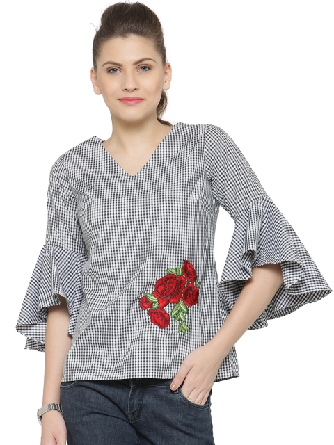 

plusS Women Black & Off-White Checked Pure Cotton Top