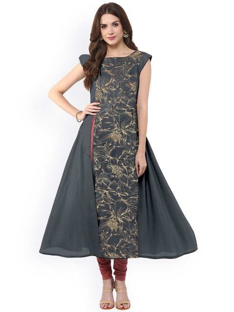 

Janasya Women Grey Floral Printed A-Line Kurta