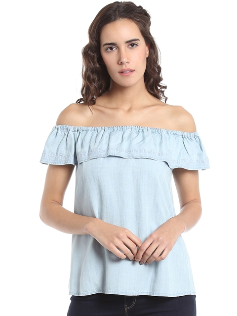 

Vero Moda Women Blue Solid Layered Bardot Top