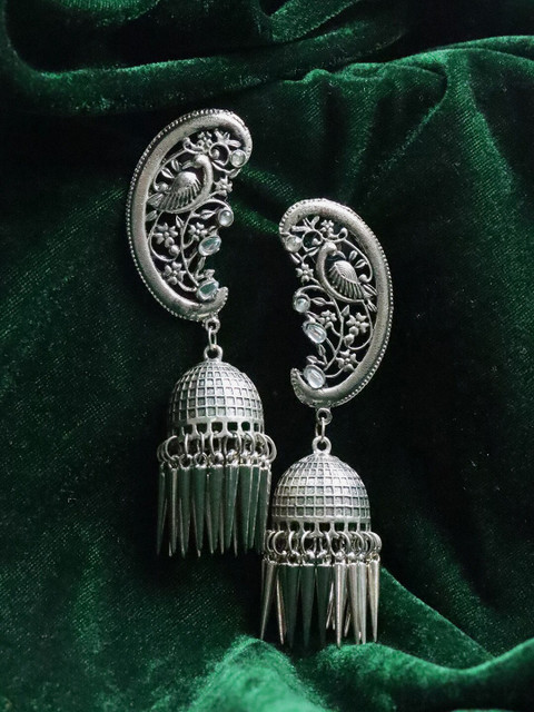 

Krelin Oxidized Silver-Toned Dome Shaped Jhumkas Earrings