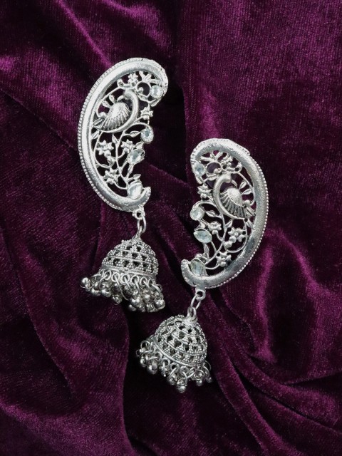 

Krelin Silver-Toned Oxidised Peacock Jhumkas Earrings
