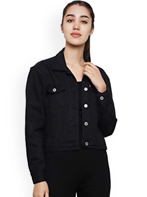 

DECHEN Women Black Washed Longline Denim Jacket with Embroidered
