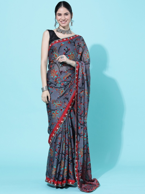 

GAJARAI Grey & Green Floral Pure Chiffon Saree