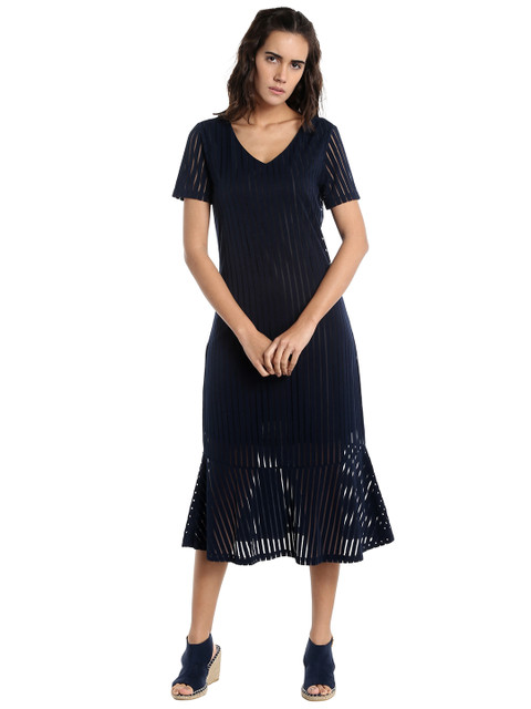 

Vero Moda Women Navy Blue Self-Striped A-Line Dress