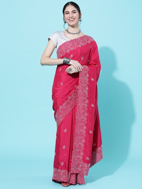 

GAJARAI Pink & Silver-Toned Ethnic Motifs Embroidered Art Silk Heavy Work Kanjeevaram Saree