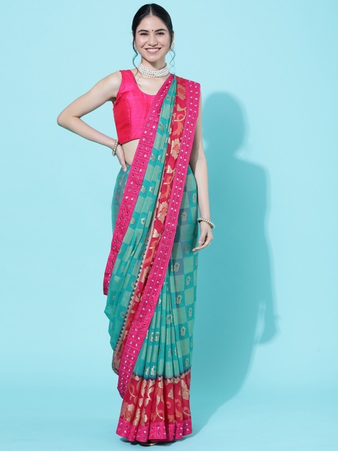 

GAJARAI Lime Green & Pink Ethnic Motifs Mirror Work Pure Chiffon Saree
