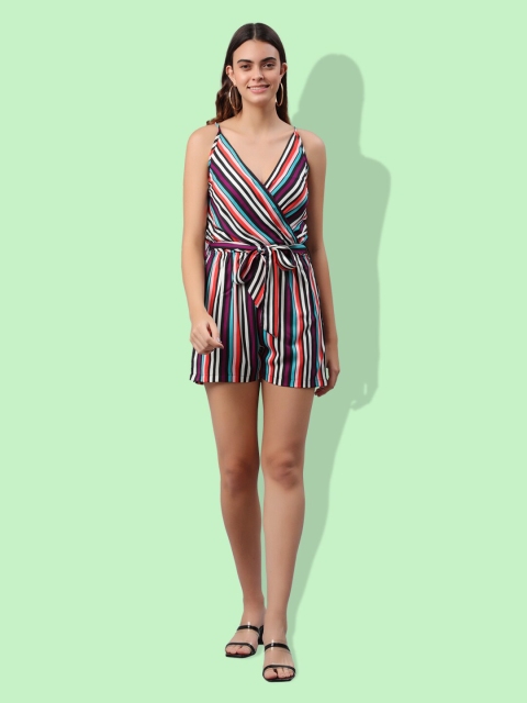 

PRETTY LOVING THING Women White & Black Striped Shoulder Straps Playsuit