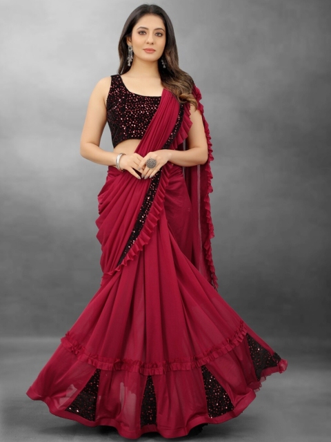 

APNISHA Maroon & Black Sequinned Embellished Lycra Saree