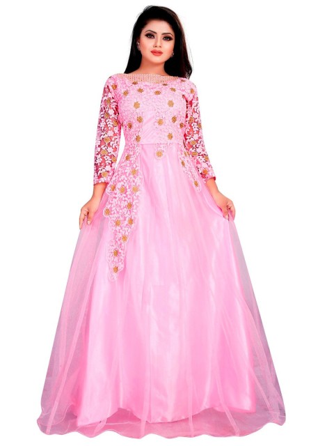 

APNISHA Pink Floral Net Maxi Maxi Dress