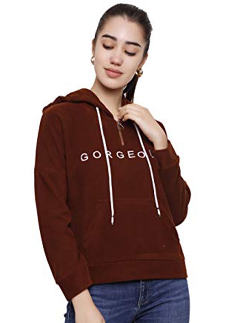 

DECHEN Women Brown Hooded Fleece Sweatshirt