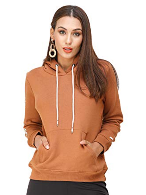 

DECHEN Women Brown Hooded Fleece Sweatshirt