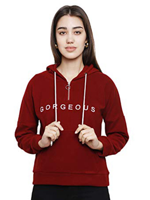 

DECHEN Women Maroon Printed Full Sleeve Hooded Sweatshirt