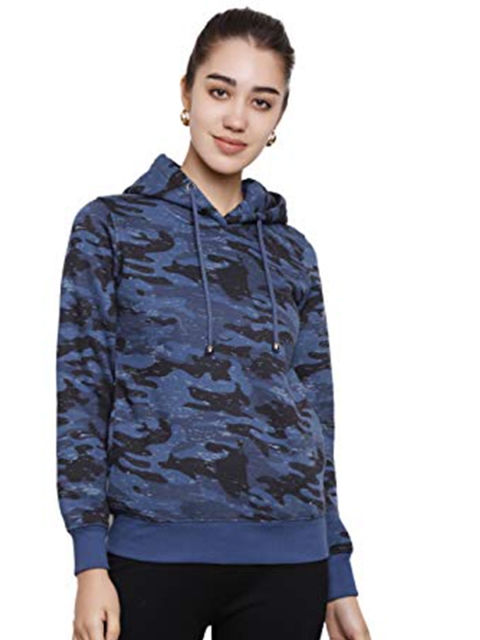 

DECHEN Women Navy Blue Printed Hooded Fleece Sweatshirt