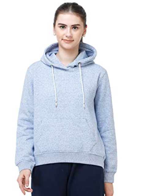 

DECHEN Women Blue Hooded Solid Sweatshirt