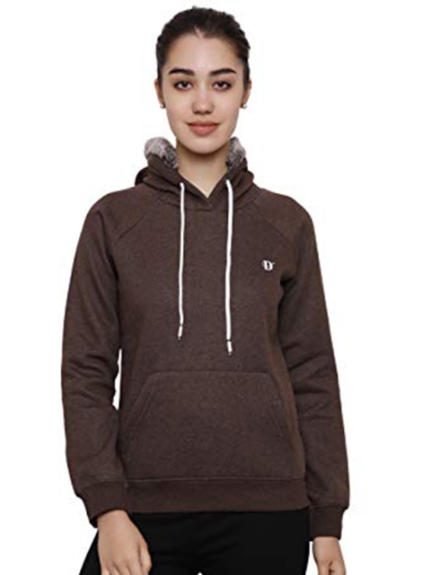 

DECHEN Women Brown Hooded Fleece Sweatshirt