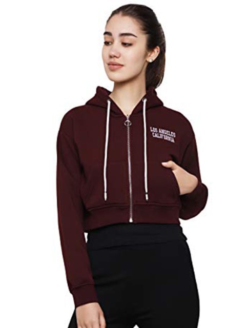 

DECHEN Women Burgundy Crop Hooded Sweatshirt