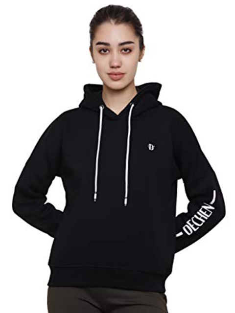 

DECHEN Women Black Hooded Sweatshirt