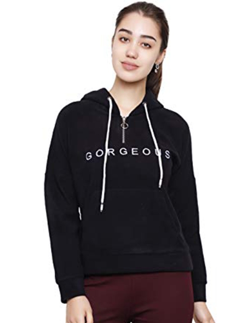 

DECHEN Women Black Printed Hooded Sweatshirt