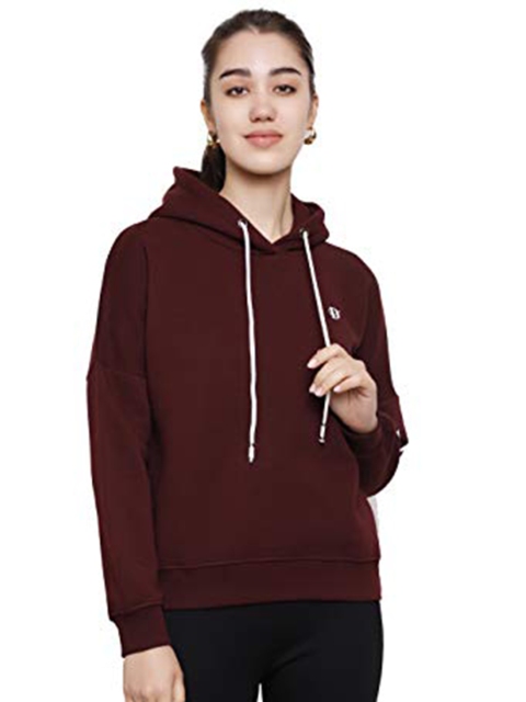 

DECHEN Women Maroon Solid Hooded Sweatshirt