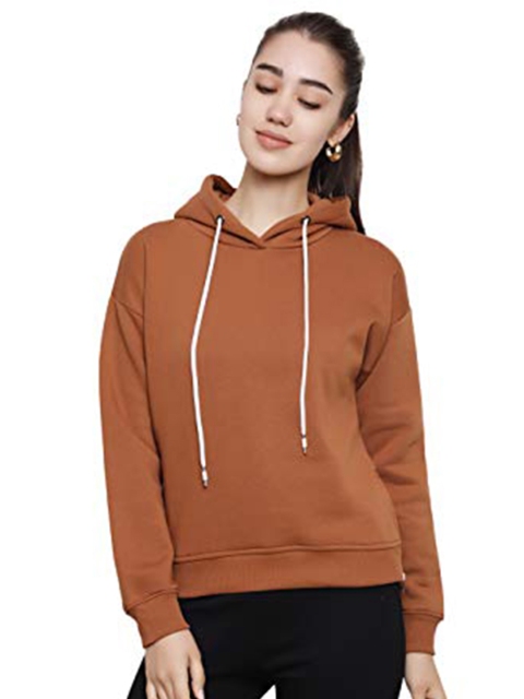 

DECHEN Women Brown Solid Hooded Sweatshirt