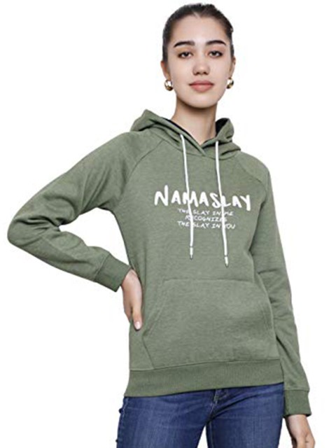 

DECHEN Women Green Printed Long Sleeves Hooded Sweatshirt