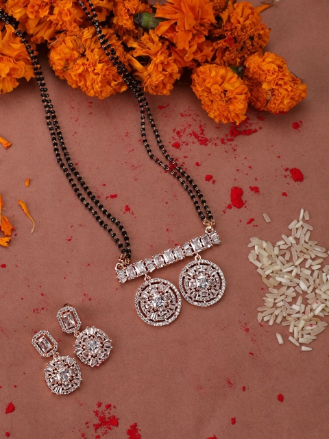 

Vita Bella Rose Gold-Plated Black CZ Studded & Beaded Mangalsutra with Earrings