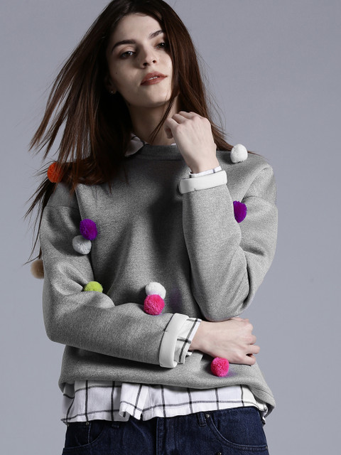 

Kook N Keech Women Grey Melange Solid Pom-Pom Detail Sweatshirt